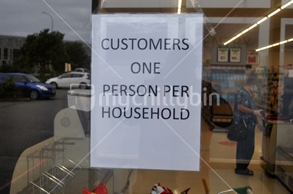 GREYMOUTH< NEW ZEALAND, APRIL 11, 2020: Signage at a supermarket in Greymouth limits customer access during the Covid 19 lockdown in New Zealand, April 11,  2020