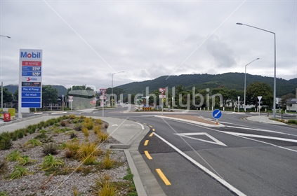 The normally busy roundabout on SH73 in Greymouth  is deserted on a Saturday morning during the Covid 19 lockdown in New Zealand, March, April 2020