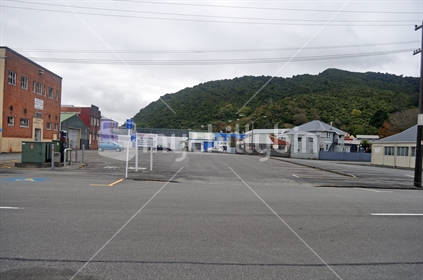 The normally busy public carpark in Greymouth  is deserted on a Saturday morning during the Covid 19 lockdown in New Zealand, March, April 2020