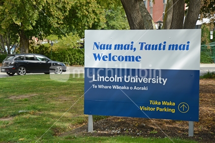 Signage for Lincoln University, an agricultural university in Canterbury, South Island, New Zealand