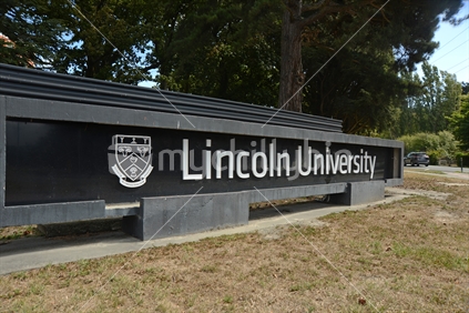 Sign for Lincoln University, an agricultural university in Canterbury, South Island, New Zealand
