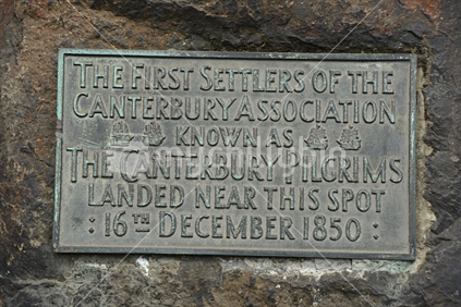 Detail of a plaque on Pilgrim Rock, a monument to the original Canterbury Pilgrims who settled in Christchurch, New Zealand, in December 1850, Lyttleton Harbour, New Zealand