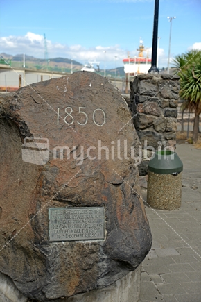Pilgrim Rock, a monument to the original Canterbury Pilgrims who settled in Christchurch, New Zealand, in December 1850, Lyttleton Harbour, New Zealand