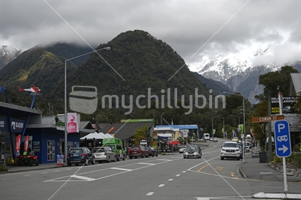 FRANZ JOSEF, NEW ZEALAND, OCTOBER 5, 2019; A busy day at the Franz Josef village in New Zealand, where tourists gather to see the world famous glacier in the Southern Alps