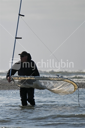 HOKITIKA, NEW ZEALAND, OCTOBER 24, 2019: A man uses a scoop net for catching whitebait at the mouth of the Hokitika River on the West Coast of the South Island