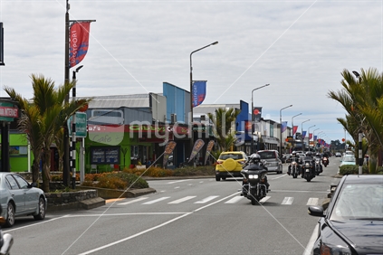 WESTPORT, NEW ZEALAND, NOVEMBER 14, 2020: Motorcyclists on the main street of Westport on the West Coast of New Zealand.