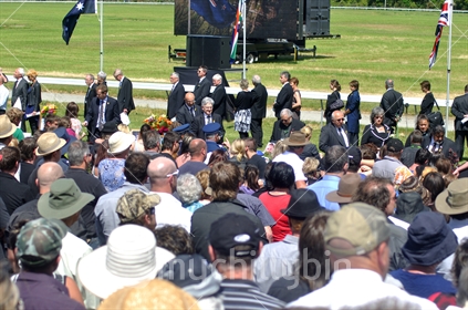 Government ministers paying their respects at the 2010 Memorial Service for 29 coal miners killed in the Pike River coal mine near Greymouth, West Coast
