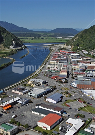 Aerial of roundabout and central business district in Greymouth township, West Coast