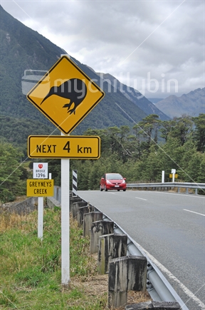 Sign warning of kiwis at Arthurs Pass, West Coast