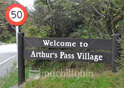 Welcome sign at Arthurs Pass Village, Westland, South Island