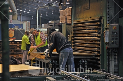 Men removing plywood from press at IPL plywood factory, Greymouth, West Coast