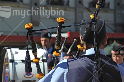 Pipe band performing in national competition, Dunedin, 2011