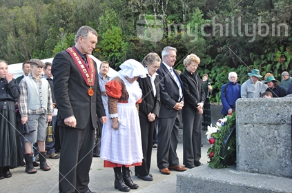 Official party paying respects to deceased miners at opening ceremony of historical Brunner Mine Site, West Coast, 15-05-2010