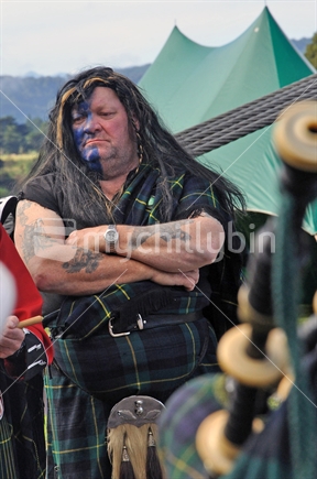 Character in Scottish costume at opening ceremony of historical Brunner Mine Site, West Coast, 15-05-2010