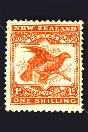 1907 New Zealand one shilling pictorial stamp featuring a kea and a kaka