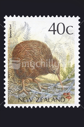 New Zealand postage stamp featuring brown kiwi, Apteryx australis