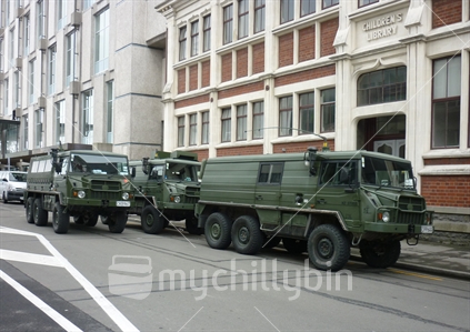 Army vehicles in the CBD red zone after the September 2010 earthquake in Christchurch