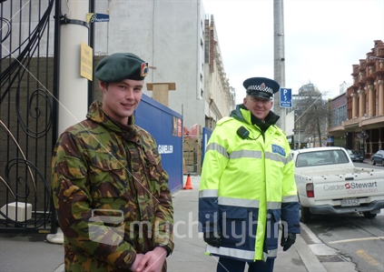 Police and soldiers patrol the CBD red zone after the September 2010 earthquake in Christchurch