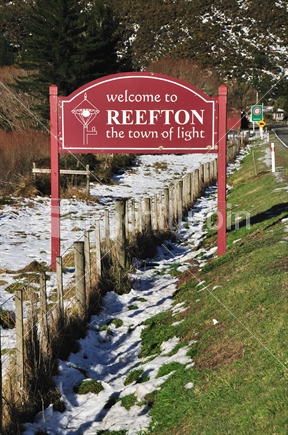 Welcome sign on highway approaching Reefton township, West Coast, South Island, 