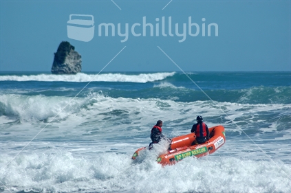 Rescue crews practising in the surf at Rapahoe Beach near Greymouth, West Coast