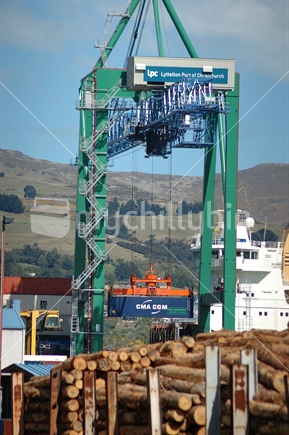 Crane for unloading containers at the Port of Lyttleton near Christchurch, New Zealand. Eco Container with bamboo floor. 