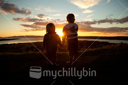 Two little boys holding hands watching the sunset 1