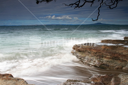 A rocky New Zealand coast swept by the wind.