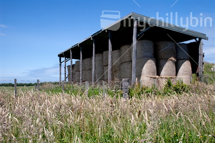 A hay-barn filled with neatly stacked hay bales under a clear blue sky.
