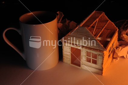 Custom built match stick house, and a white mug. It would represent a conceptual, unfinished, or upcoming project. 

