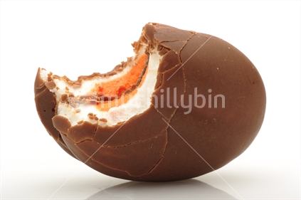 New Zealand chocolate egg with yolk; against white background. Easter egg. Yumm.