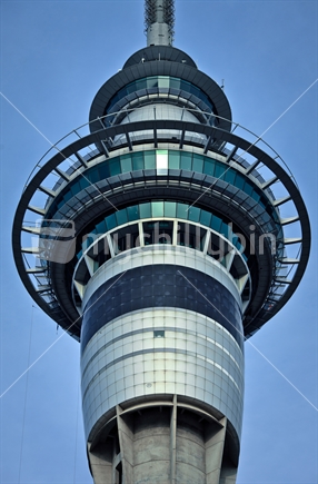 Closeup view of the Auckland Skytower levels for revolving restaurant, observation decks and start of communications equiment. 