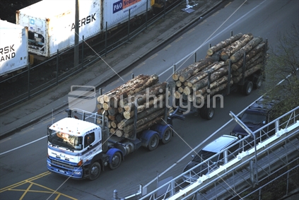 Logs on their way for export from New Zealand. 