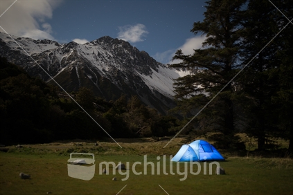 Camping under the stars, at Mt Cook - lit by full moon.
