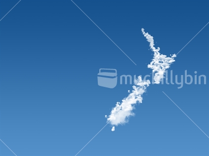 Clouds in the shape of New Zealand, in a blue sky