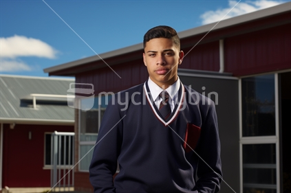 Maori Student outside school (AI generated)