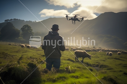 Sheep farmer with sheep and returning drone (AI Image)