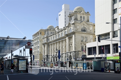 General Downtown Auckland scene including historic facade of the the Britomart Transport Centre Building, and McDonalds.