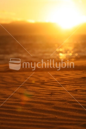 Sunset over a New Zealand beach with shallow depth of field. 