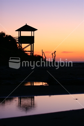 Beach patrol hut on a Gisborne beach at dawn