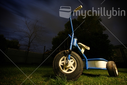 A trike lies dormant, ready for another day of play in a NZ backyard