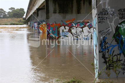 Bridge piles with graffiti, during flood.  Ngaruroro River, "Chesterhope Bridge"