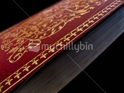 Closeup image of a red and gold book isolated with black background.