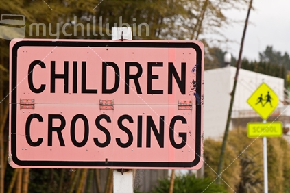 Two signposts outside of a school warning traffic about children.