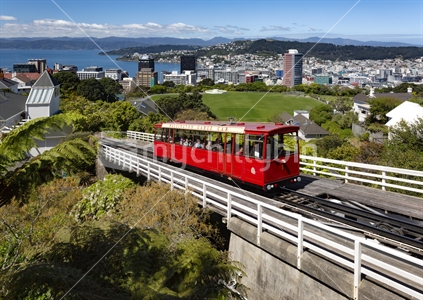 Red Cable Car above Wellington city - horizontal composition
