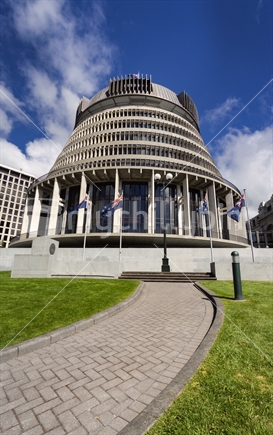 The Beehive, parliamentary buildings, Wellington - with pathway