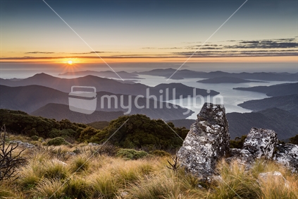 Sunrise over Endeavour Inlet, Marlborough Sounds- viewed from top of Mt Stokes