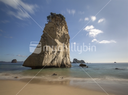 Te Hoho Rock stands stoically in the water, accessed through the iconic sea cave at at Cathedral Cove, Coromandel Peninsula