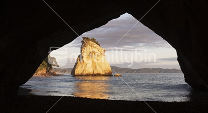 Framed by the iconic cavern at Cathedral Cove, Te Hoho Rocks stands defiantly in the golden sunlight