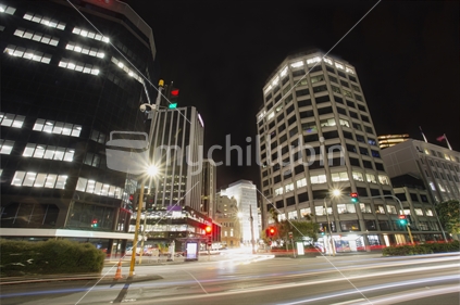 Wellington buildings at night with traffic light trails