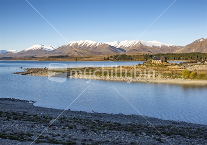 Lake Tekapo scene in Spring, includes distant Church of the Good Shepherd